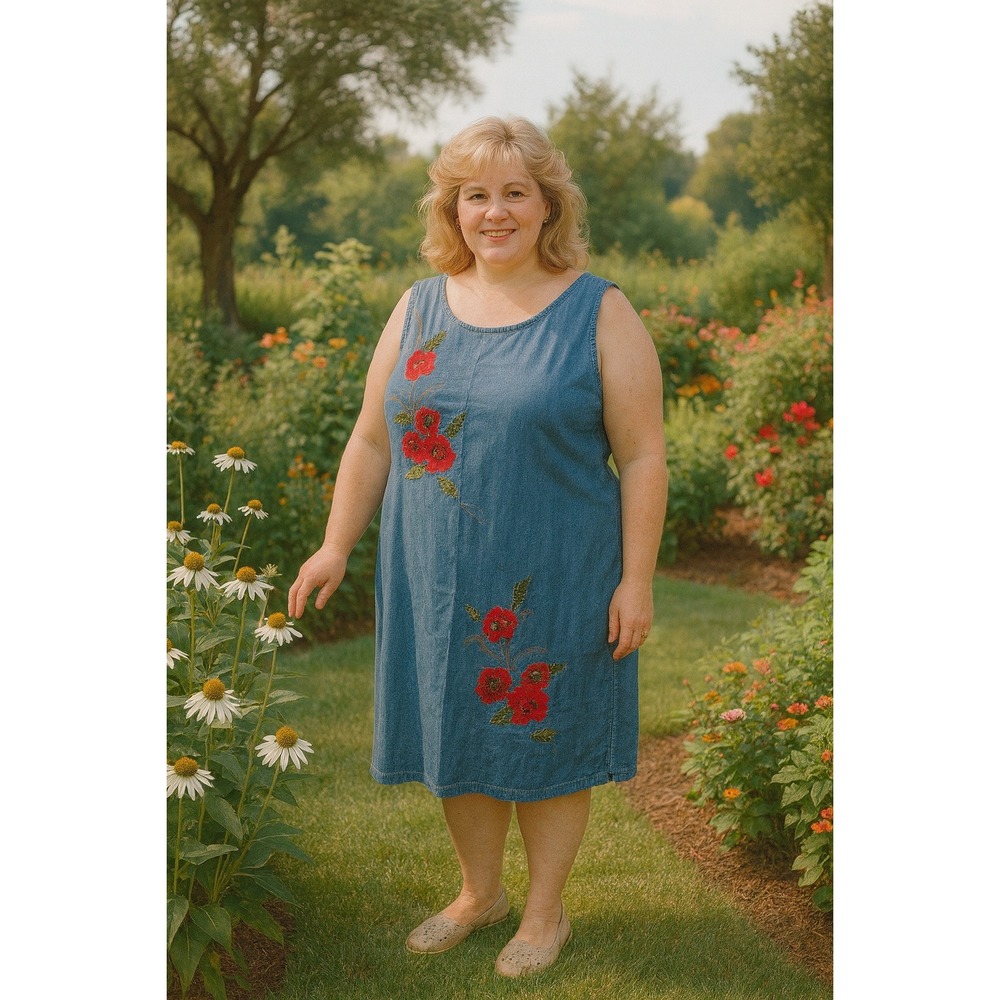 CST Blues Denim Dress 3X Sleeveless Floral Embroidered Applique Buttons‎